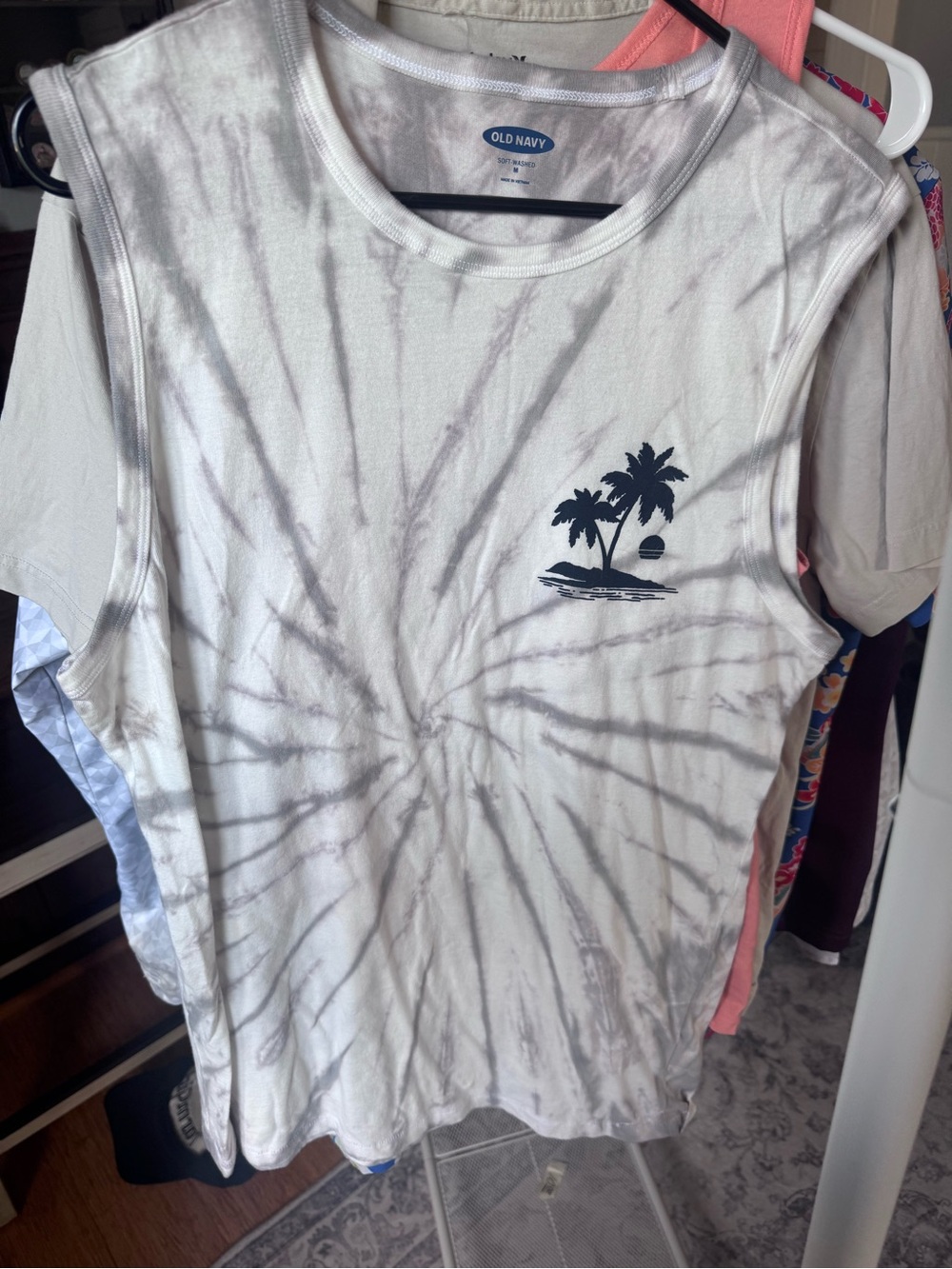 Old Navy White & Gray Tie-Dye Palm-Print Tank Top